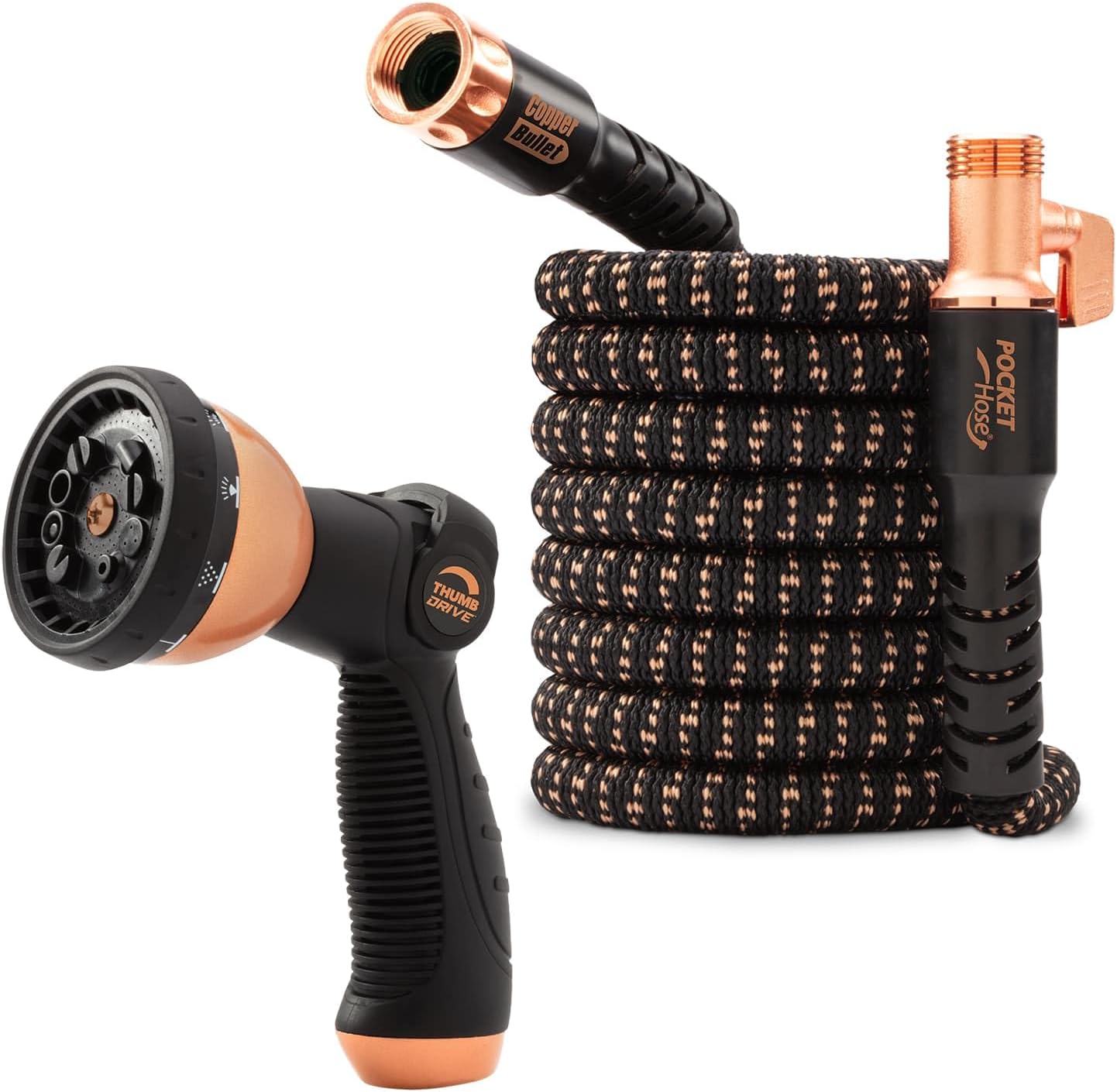 Pocket Hose Copper Bullet Expandable Garden Hose w/10 Pattern Thumb Spray Nozzle AS-SEEN-ON-TV 50 FT 650psi 3/4 in Patented Lead-Free Ultra-Lightweight Solid Copper Anodized Aluminum Fittings No-Kink