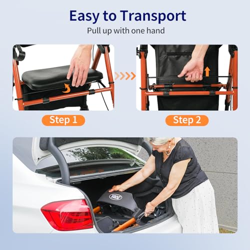 Walkers for Seniors,Foldable Walker with Seat,Rollator Walker with Durable Aluminum,8" Big Wheels for All Terrain, Ergonomic Seat and Backrest,Dual Adjustable Height Rolling Walker| Inky Black