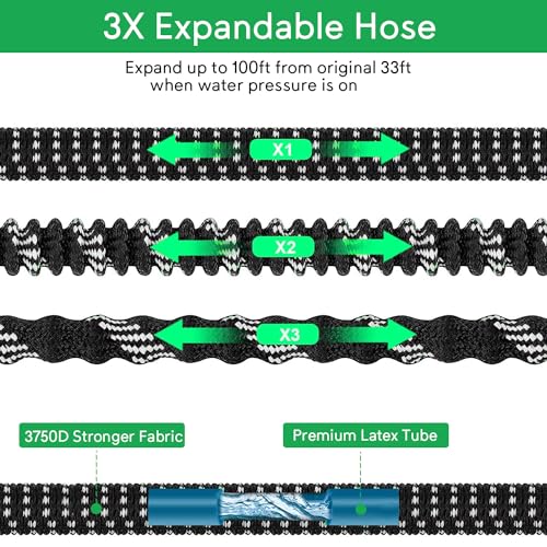 Expandable Garden Hose 100 ft, Upgraded Flexible Water Hose 100ft with 10 Function Spray Nozzle, 3/4" Leakpoof Solid Brass Fittings, Expanding Double Latex Core, Lightweight, No Kink, No Tangle