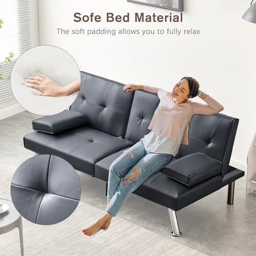 Faux Leather Convertible Folding Futon Sofa Bed with 2 Cup Holders, Sleeper Couch Bed with Removable Armrests, Metal Legs, Upholstered Loveseat for Living Room, Apartment, Dorm, Office (Orange)