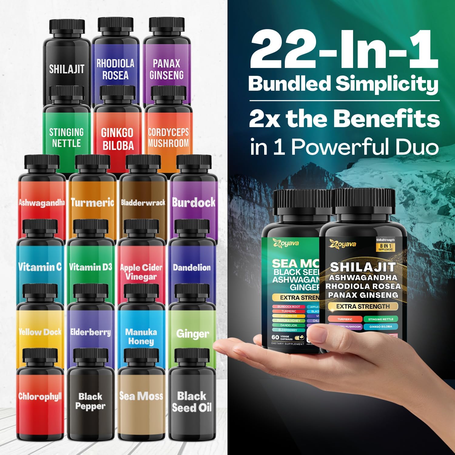 Zoyava Sea Moss 16-in-1 and Shilajit 8-in-1 Supplement Bundle