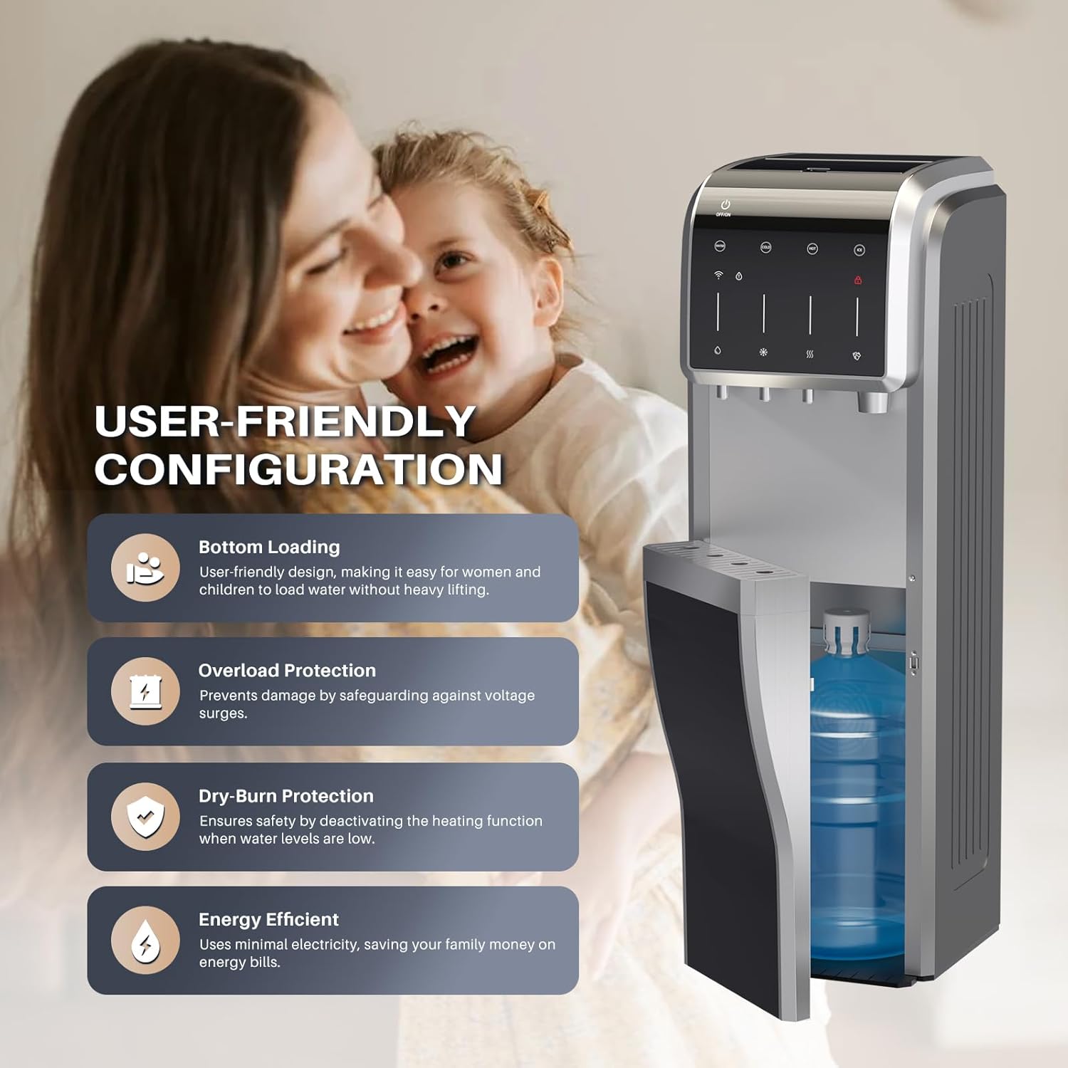ICEPURE Water Dispenser with Ice Maker, 5-in-1 Water Cooler 5 Gallon Built-in Ice Maker Crushed Ice, Hot and Cold Water Dispenser Bottom Load, Bullet and Chewable Ice Maker, 35lbs/24H, Stainless Steel