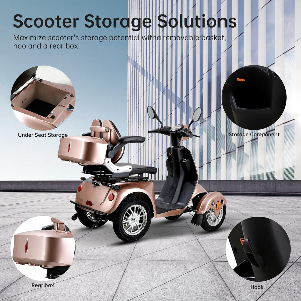 800W Heavy Duty 4 Wheel Mobility Scooters for Seniors & Adults 500lbs Capacity, Powered Mobility Scooters with 3-Speed Control & USB Charger Port, Under Seat Storage, Rose
