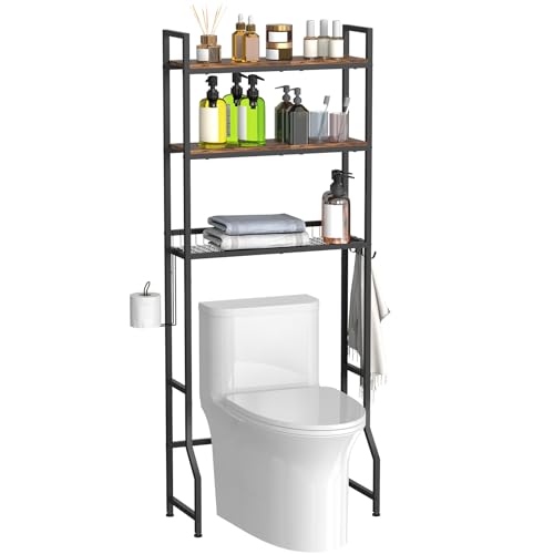 Over The Toilet Storage, Over Toilet Bathroom Organizer 3 Tier, above Toilet Storage Rack for Bathroom Freestanding Bathroom Space Saver with Metal Frame and 4 Hooks for Laundry, Brown