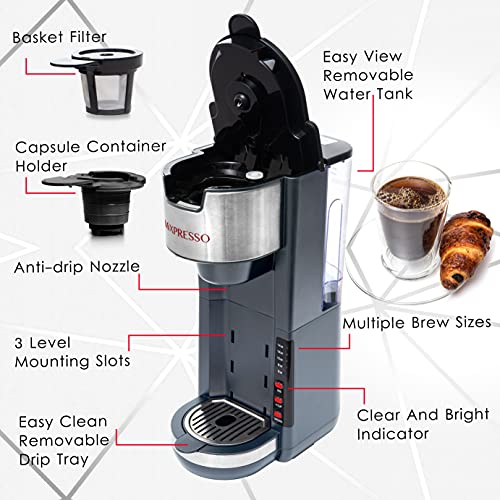 Mixpresso Single Serve Coffee Brewer K-Cup Pods Compatible & Ground Coffee, 30 oz Compact Coffee Maker Single Serve With 5 Brew Sizes Up To 14 Oz, Fits Travel Mug, Adjustable Drip Tray, Black