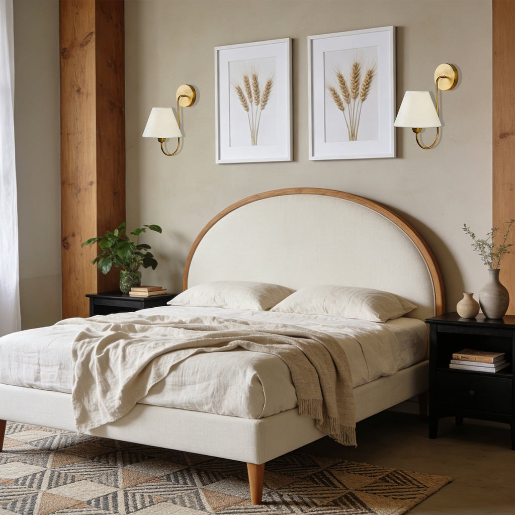 Gleaming Elegance Wall Sconce with Antique Brass&White Linen Shade,Indoor Sconce for Living&Bedroom