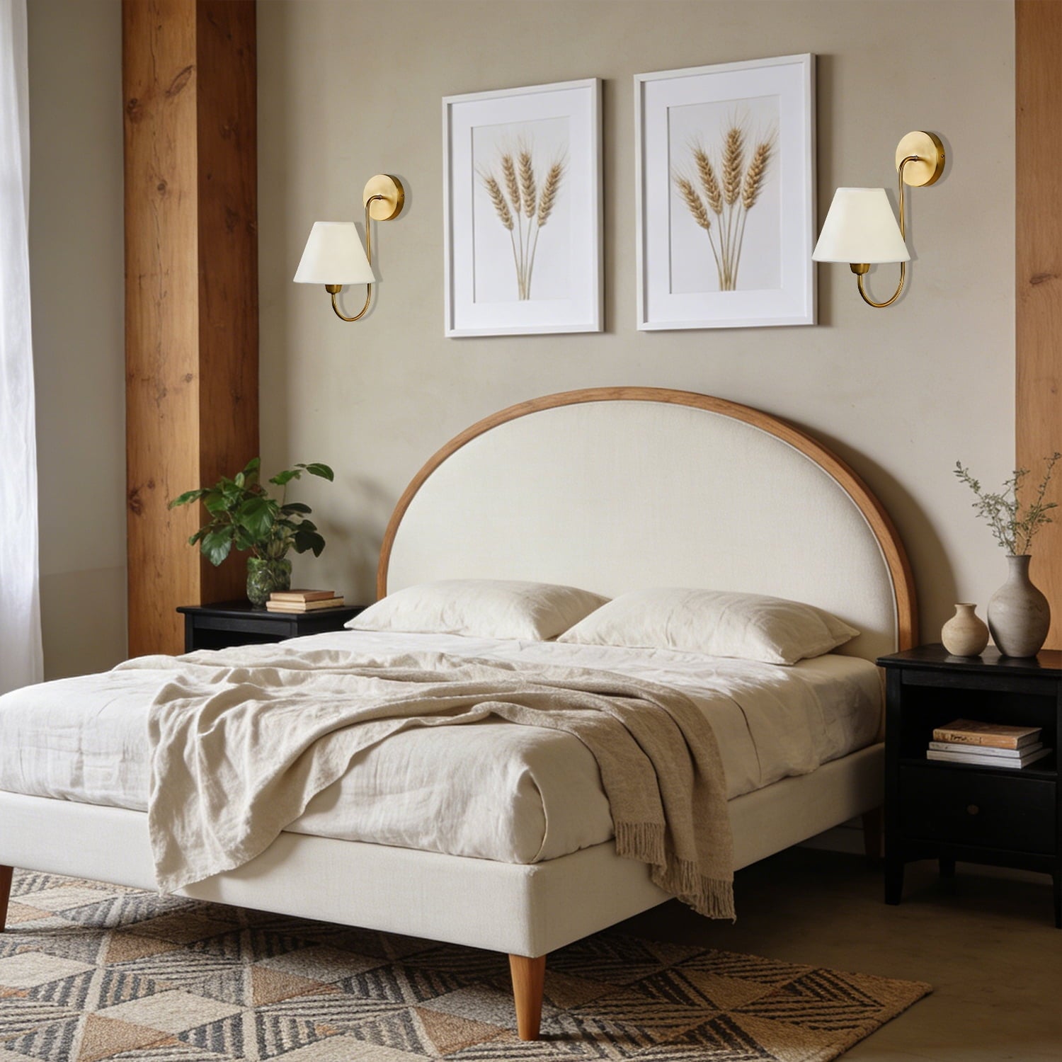 Gleaming Elegance Wall Sconce with Antique Brass&White Linen Shade,Indoor Sconce for Living&Bedroom