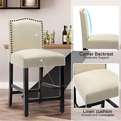 LSSBOUGHT Counter Stools, 24 inches Upholstered Bar Chairs with Solid Wood Legs and Nailed Trim Set of 2 (Beige)