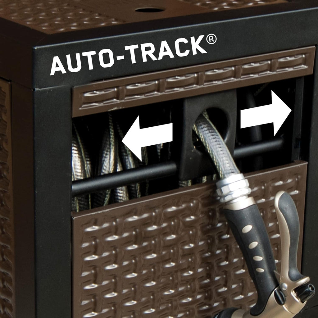 AMES NeverLeak Hose Reel Cabinet Box, 100 Ft. Capacity, Decorative with Wicker Look, Auto Track Rewinding, Black Metal