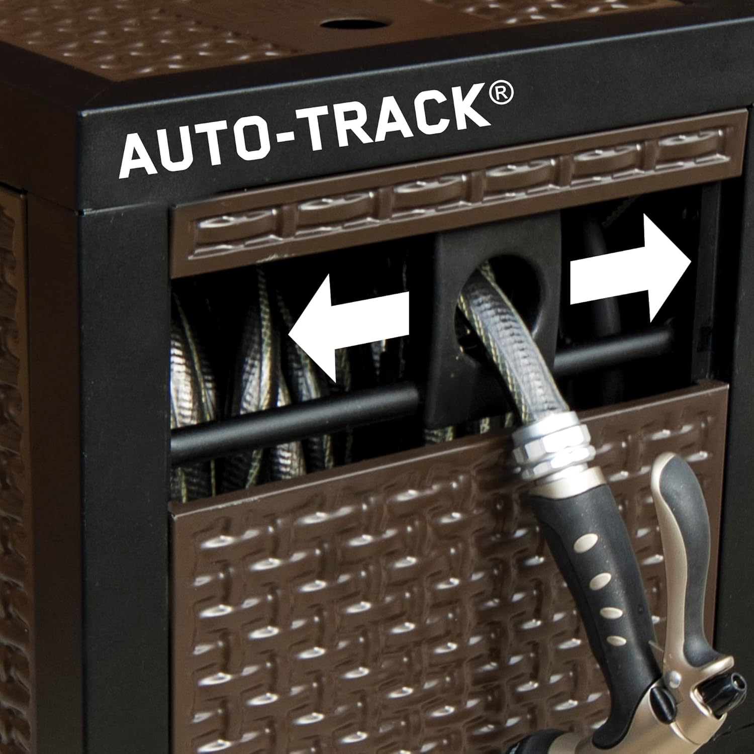 AMES NeverLeak Hose Reel Cabinet Box, 100 Ft. Capacity, Decorative with Wicker Look, Auto Track Rewinding, Black Metal
