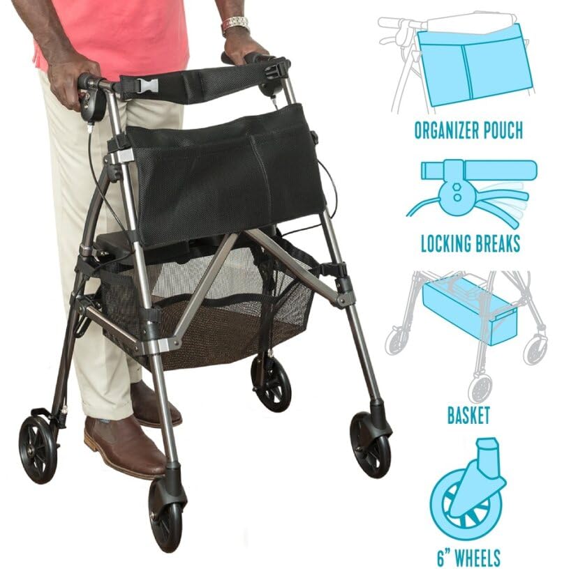 Stander Wonder Rollator Plus Short, Lightweight Junior Folding Walker for Seniors and Adults, Travel EZ Fold-N-Go Rollator, Petite Walker with Wheels and Seat, Cobalt Blue