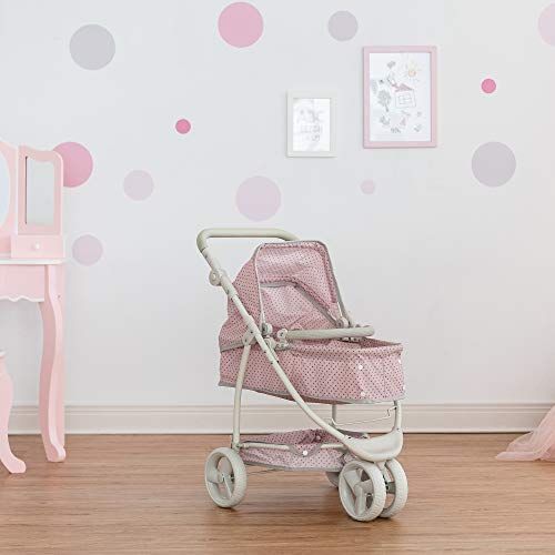 Olivia's Little World 2-in-1 Convertible Baby Doll Stroller with Retractable Canopy, All-Terrain Wheels, and Adjustable Handle, Cream and Pink with Gray Polka Dots