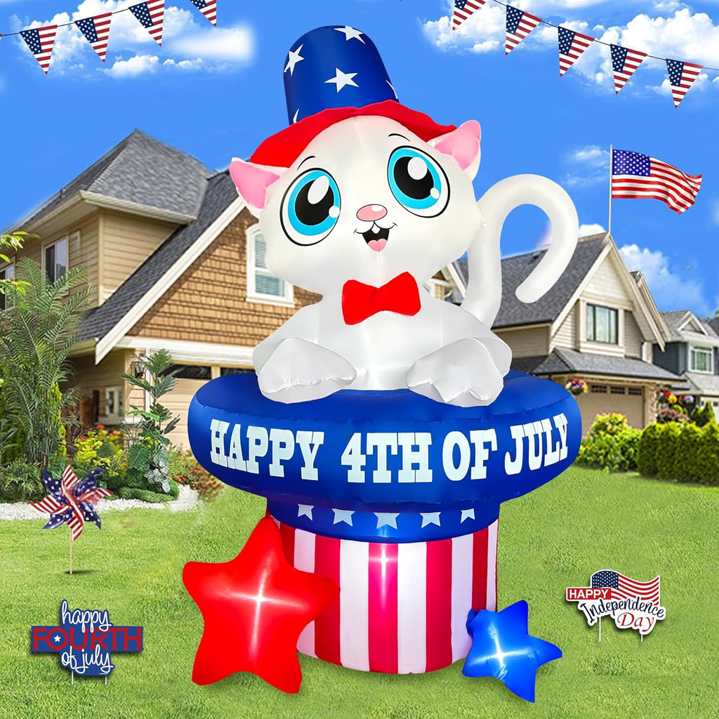 5 FT Patriotic Inflatable Cat 4th of July Inflatables Outdoor Decorations Build-in LED Lights Memorial Day Inflatables Fourth of July Decor for Party Garden Yard Lawn