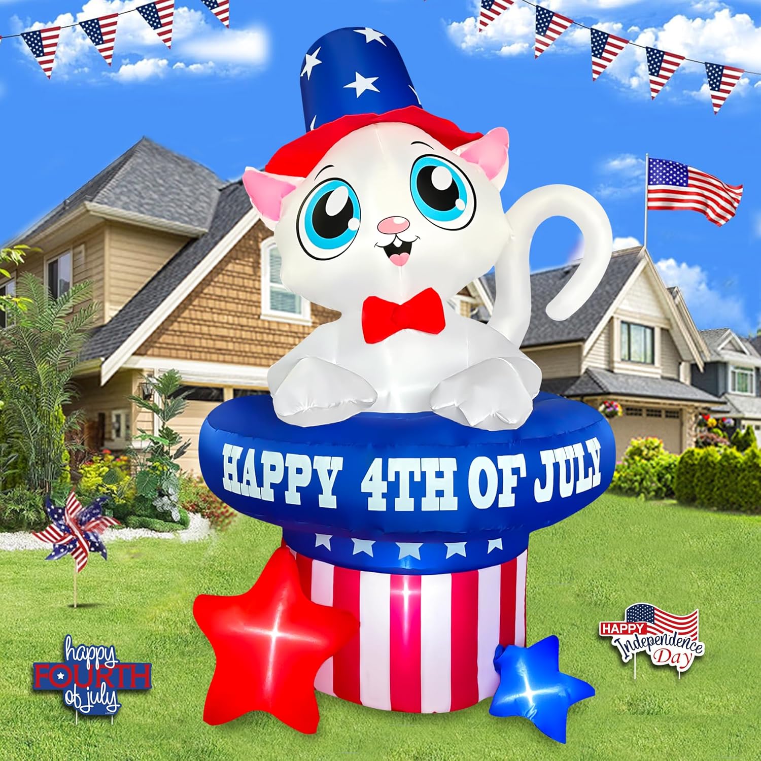 5 FT Patriotic Inflatable Cat 4th of July Inflatables Outdoor Decorations Build-in LED Lights Memorial Day Inflatables Fourth of July Decor for Party Garden Yard Lawn