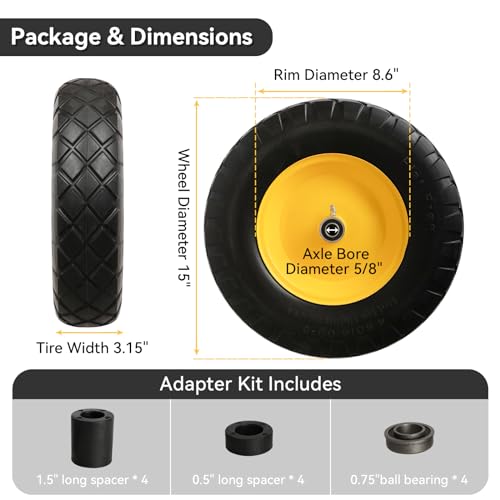 4.80/4.00-8" Tire and Wheel Assembly Set for Wheelbarrows, 5/8" or 3/4" Bore Wheelbarrow Tires for Utility Cart, Wheel Barrel, Wagon, Trailer, Dolly, 16" Solid Rubber Tires Without Flat Spots, 1 Pack