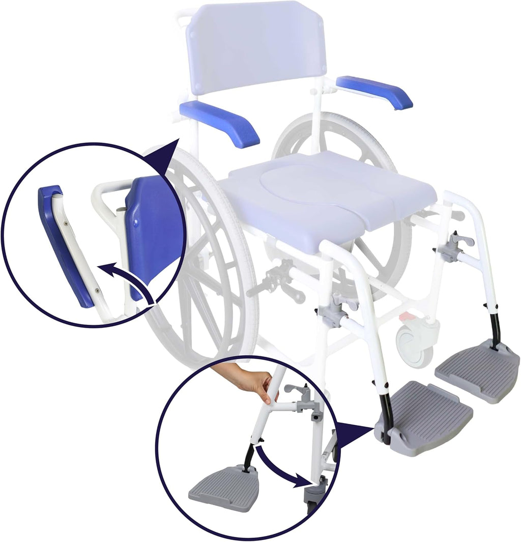 KMINA PRO - Shower Wheelchair for Inside Shower, Adjustable Shower Chair with Wheels for Disabled Adult, Self Propelled Shower Commode Wheelchairs, Rolling Shower Chair Blue