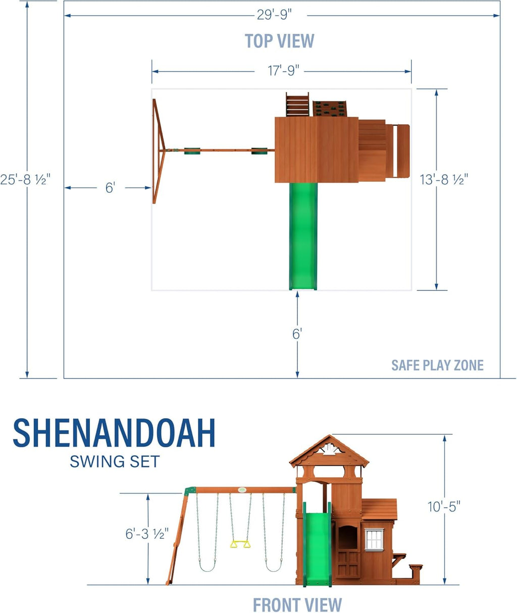 Backyard Discovery Shenandoah All Cedar Wooden Playset Swing Set with 2 Belt Swings, Trapeze Bar, 10 ft Wave Slide, Covered Upper and Lower Playhouse, Play Kitchen, Rock Wall, Outdoor Bench