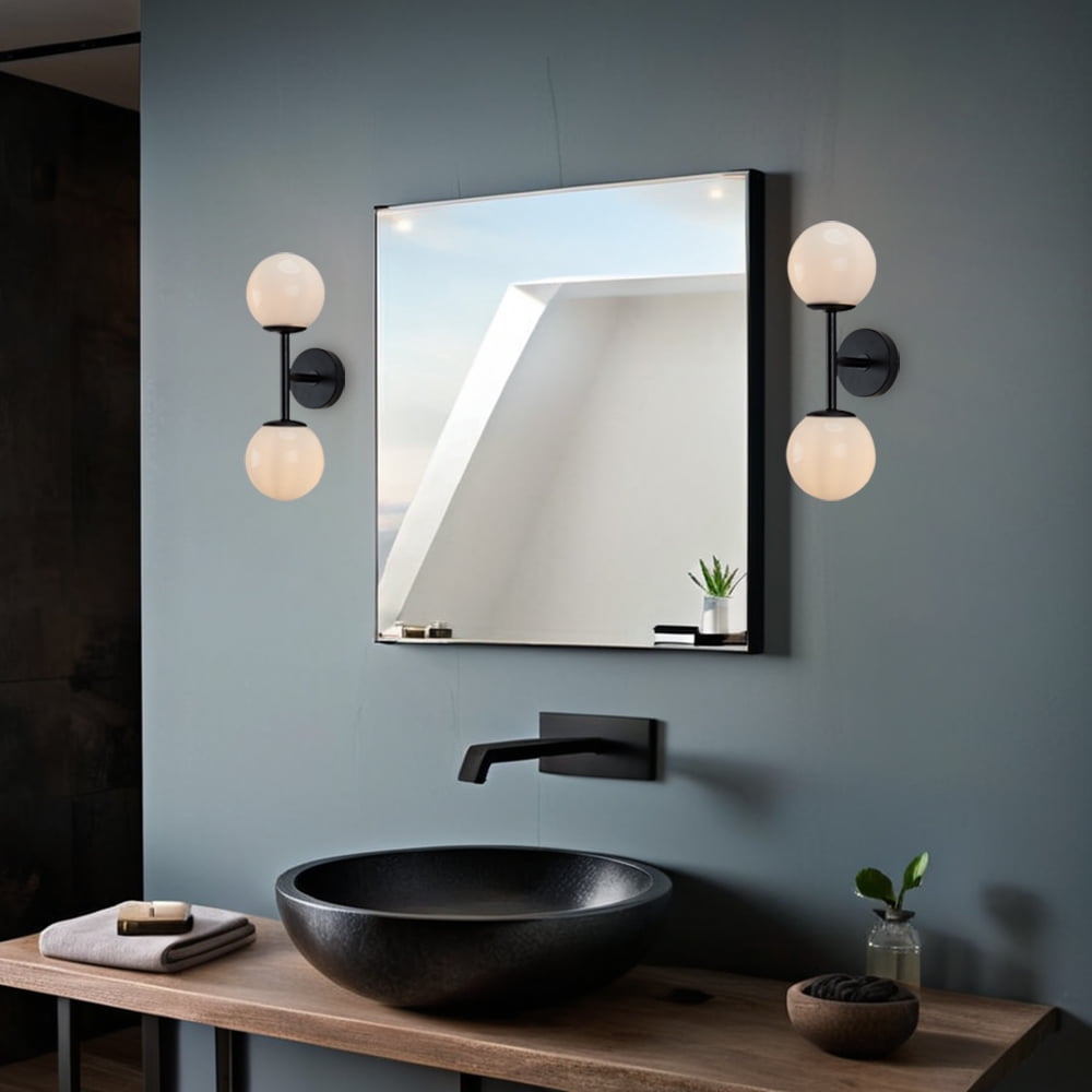 Modern Milk Glass Shade Double Sconce, Contemporary Bathroom Wall Sconce, Vanity Sconce Light, Wall Light over Mirror(Black)