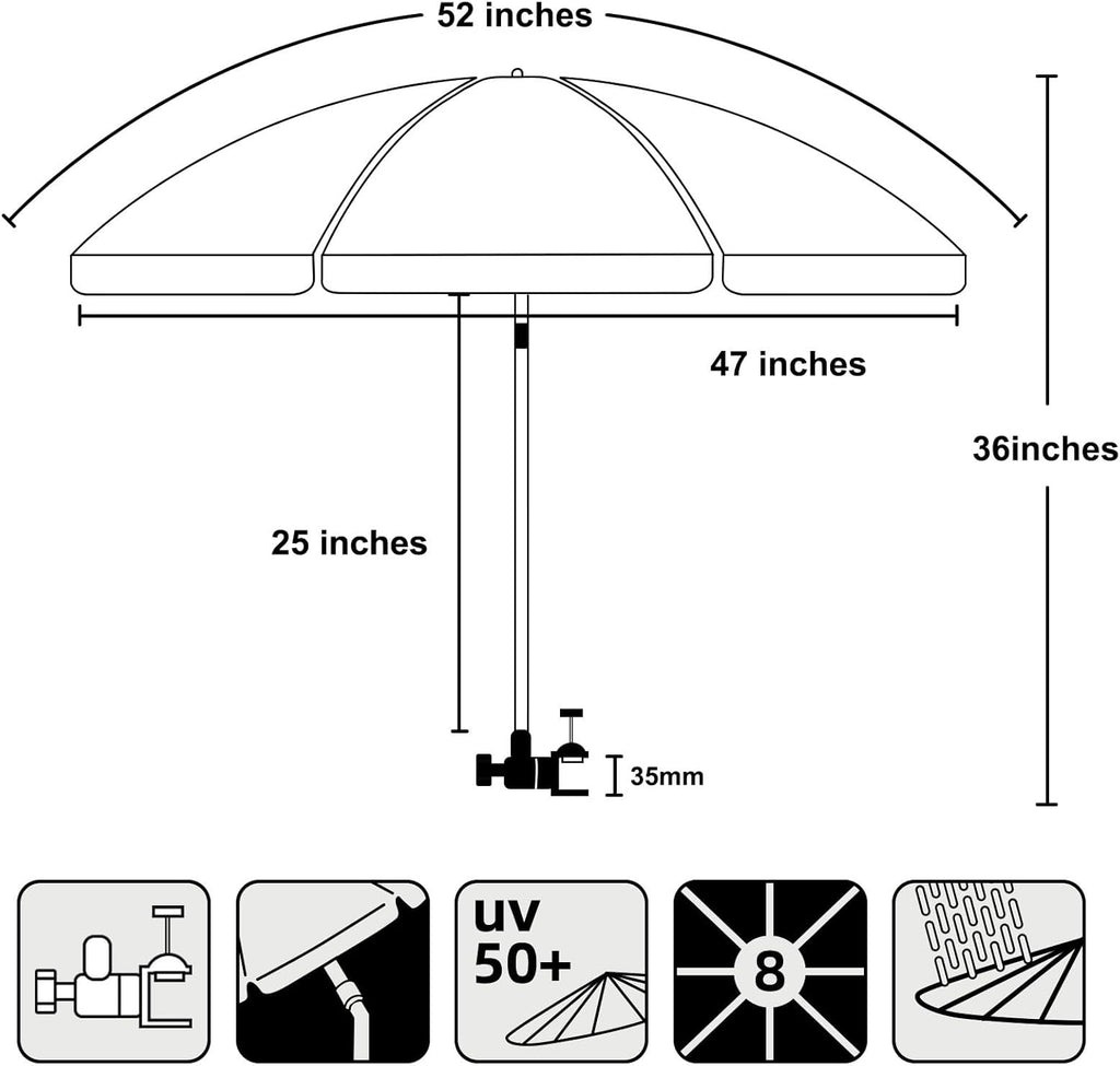 AMMSUN XL Chair Umbrella with Universal Clamp 52 inches and 360-degree Swivel UPF 50+, Portable Clamp on Camping or Beach Chair, Stroller, Wheelchair, Gray