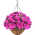 Artificial Hanging Flowers with Basket, Silk Azalea Flowers in Coconut Lining Hanging Baskets, Fake Hanging Plants for Outdoors Indoors yard Garden Patio Home Room Porch Decorations (Fuchsia)