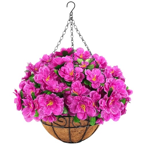 Artificial Hanging Flowers with Basket, Silk Azalea Flowers in Coconut Lining Hanging Baskets, Fake Hanging Plants for Outdoors Indoors yard Garden Patio Home Room Porch Decorations (Fuchsia)