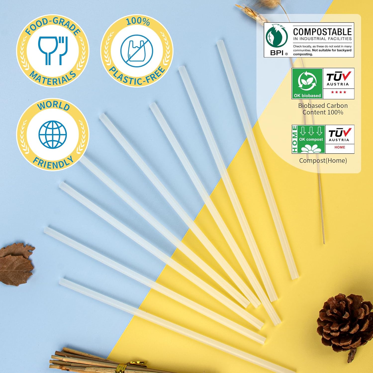 Plant-Based Compostable Straws, 100% Plastic-Free, Eco Friendly, Marine Biodegradable Straws, 100 Count 0.24''*7.75'' Disposable Drinking Straws for Hot and Cold Drinks