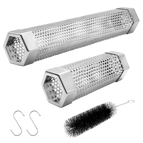 Pellet Smoker Tube Set, 6" & 12" Stainless Steel BBQ Wood Smoker Tube with Brush and 2 Hooks for 2.5hrs/5hrs of Billowing Cold/Hot Smoking for All Grills or Smokers, Smoking Cheese Beef Nuts Fish