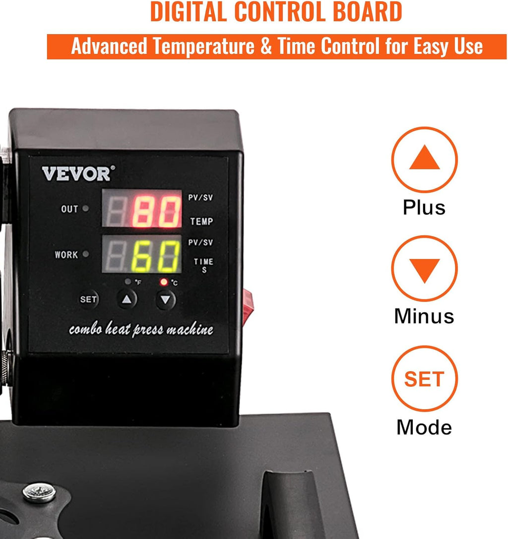 VEVOR Heat Press 15x15 Inch 8 in 1 Heat Press Machine, Swing Away Tshirt Press Machine Digital Control, Multifunctional Heat Transfer Machine Sublimation Combo for T-Shirt Hat Cap Mug Plate