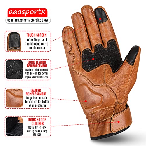 aaasportx Motorcycle Gloves Leather with Touchscreen Function - Protectors Motorcycle Gloves for Men and Women for All Weather - Full Finger Leather Gloves with Non-Slip Pads