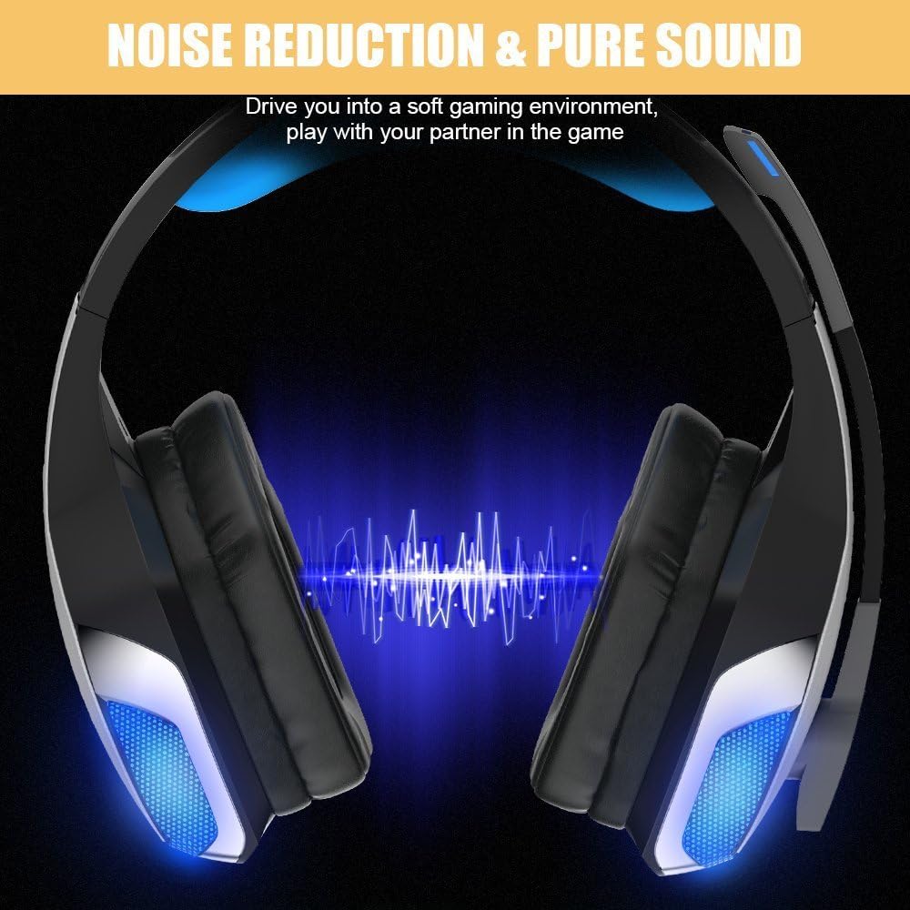 BENGOO V-4 Gaming Headset for Xbox One, PS4, PC, Controller, Noise Cancelling Over Ear Headphones with Mic, LED Light Bass Surround Soft Memory Earmuffs for Mac Nintendo Switch Games