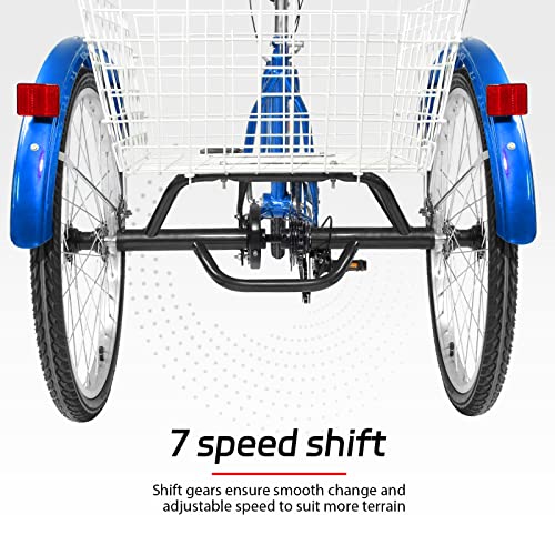 7-Speed Adult Tricycle with Large Basket 24/26 Inch, Stable 3-Wheel Cruise Bicycle for Shopping, Beach and City Trike Perfect for Men, Women, Seniors(Red/Blue)