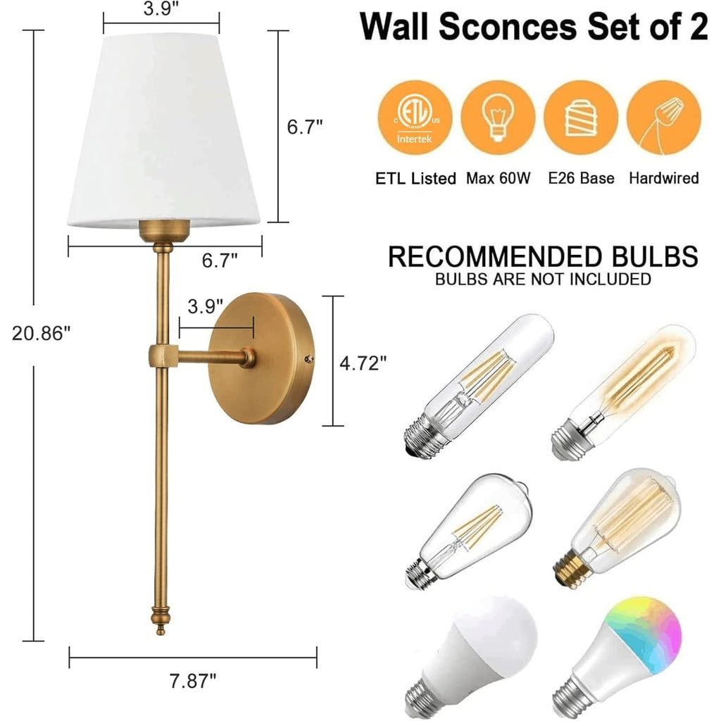 Wall Sconces Sets of 2, Hardwired Classic Brushed Brass Sconces Wall Lighting, Bathroom Vanity Light Fixture with Fabric Shade for Bedroom Living Room Hallway Kitchen, Gold