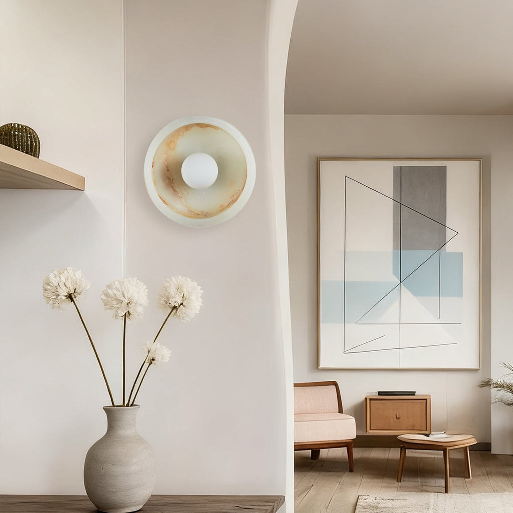 Alabaster Wall Sconces, Nordic Style Natural Stone Wall Lamp Bowl Marble Sconces Wall Lighting with Globe Glass Shade, Hardwired Indoor Wall Lights for Living Room Bedroom Hallway Stairs