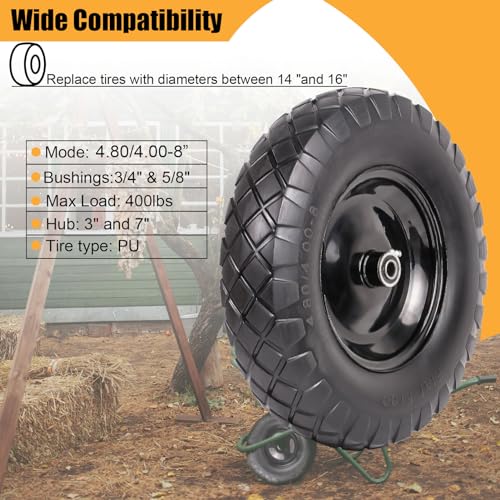 Wheelbarrow Tires 4.80/4.00-8 Flat Free-16"Universal Solid Wheels with 5/8" & 3/4" Bearings for Wheelbarrows/Hand Truck/Garden Trailers/Cart, Non-Slip Wheel Barrow Wheels and Tires Kit (2 Pack)