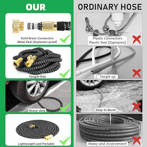 Expandable Garden Hose 100 ft, Upgraded Flexible Water Hose 100ft with 10 Function Spray Nozzle, 3/4" Leakpoof Solid Brass Fittings, Expanding Double Latex Core, Lightweight, No Kink, No Tangle