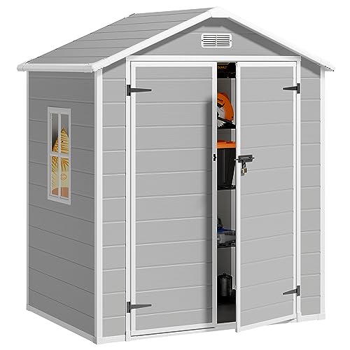 Gizoon 5x3 FT Resin Outdoor Storage Shed with Floor, Waterproof Lockable Storage Shed with Window, Plastic Outside Tool Storage Shed for Garden, Backyard, Patio, Lawn, Gray