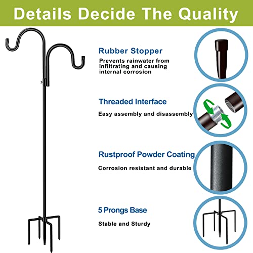 Double Shepherds Hook for Outdoor,78 Inch Bird Feeder Pole with 5 Prongs Base,Adjustable Heavy Duty Garden Hanging Holder for Hanging Plant,Solar Light,Weddings Decor,Hummingbird Feeder（1 Pack）
