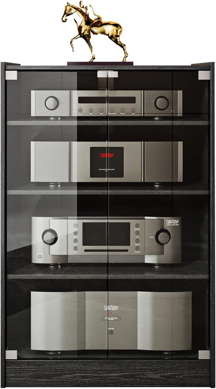 Media Storage Cabinet with Height Adjustable, 4-Tier Shelves Audio Video Media Stand Cabinet, Modern AV Cabinet with Glass Doors, Storage for Entertainment Stereo Component