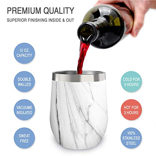 CHILLOUT LIFE Stainless Steel Wine Tumblers 4 Pack 12 oz - Double Wall Vacuum Insulated Wine Cups with Lids and Straws Set for Coffee, Wine, Cocktails - Carrara Marble