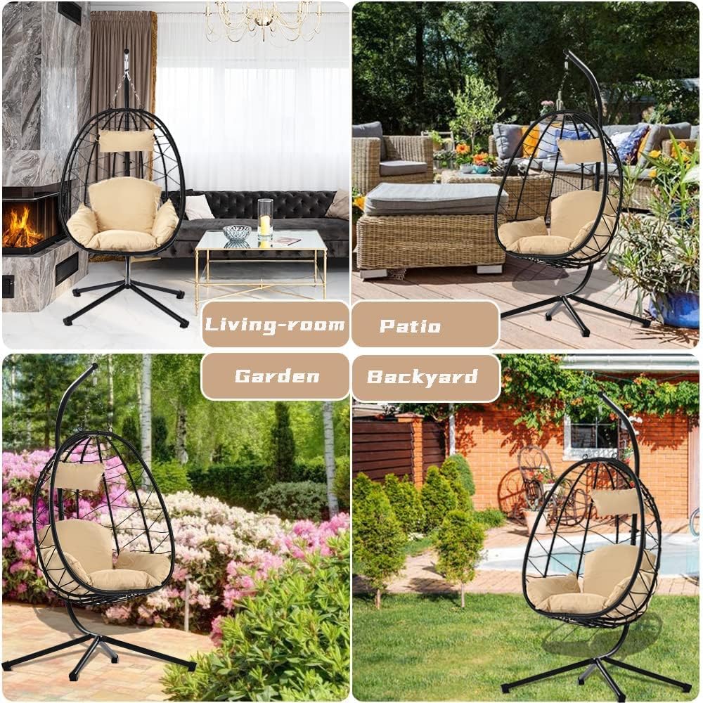 Hanging Egg Chair with Stand and Cushion, Indoor Outdoor Patio Wicker Hanging Swing Hammock Egg Chair, 350 Lbs Capacity