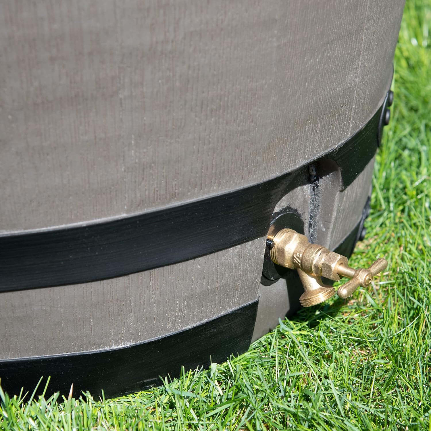 RTS Home Accents Polyethylene Premium Flat Back Rain Barrel with Removable Lid, 55 Gallon, Woodgrain with Black Stripes