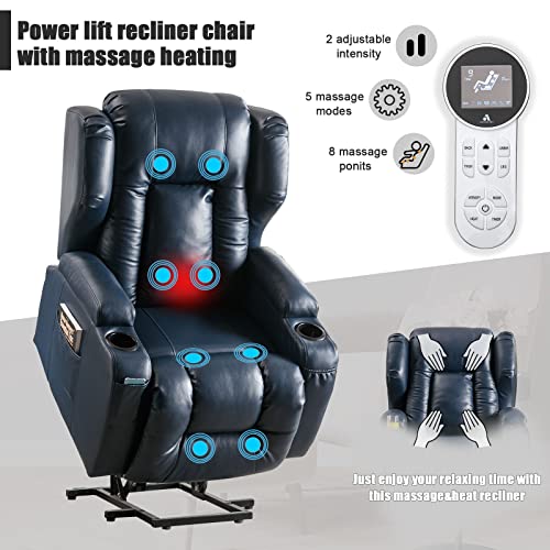Lift Chair Recliner Power Lift Recliner Chair for Elderly Pregnant w/Massage Heat Infinite Position Electric Lift Recliner w/USB Port/Cup Holders/Side Pockets (PU-Blue)