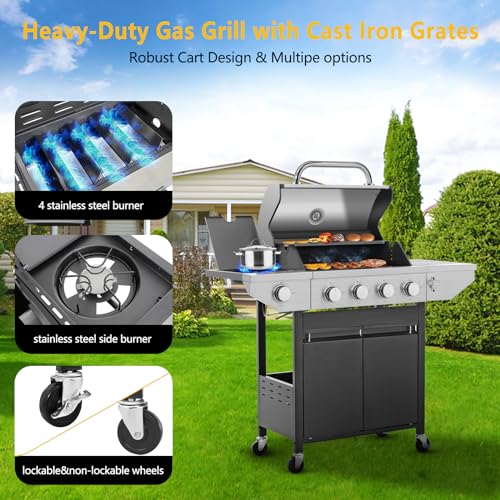 Large Propane Gas Grill with 4-Burners and Side Burner,Outdoor BBQ Grill Griddle with Porcelain-Enameled Cast Iron Grates, Stainless Steel Camping Barbecue Griddle for Patio,Garden,47000 BTU