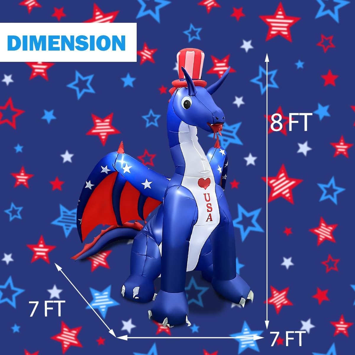 BLOWOUT FUN 8 FT Independence Day Inflatable Dragon with America Style Decorations Patriotic 4th of July for Home Yard Lawn Garden Indoor Outdoor Memorial Day Decorat