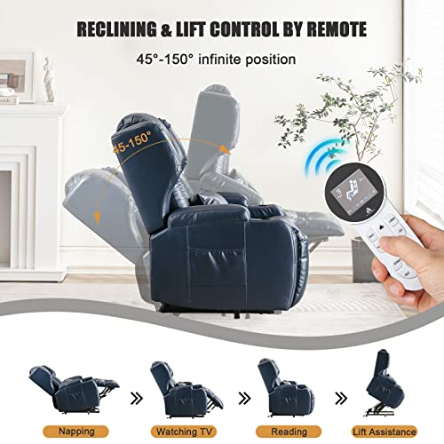 Lift Chair Recliner Power Lift Recliner Chair for Elderly Pregnant w/Massage Heat Infinite Position Electric Lift Recliner w/USB Port/Cup Holders/Side Pockets (PU-Blue)