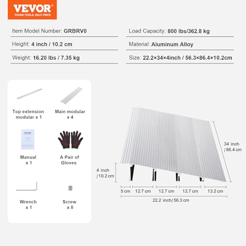 VEVOR Door Threshold Ramp, 6" Rise Door Ramp for Wheelchairs, Aluminum Threshold Ramp for Doorways Rated 800 lbs Load Capacity, Adjustable Threshold Ramp for Wheelchairs, Scooters, and Power Chairs