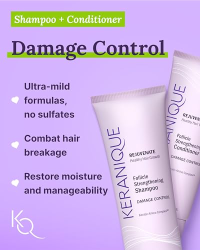 Keranique Damage Control Set for Thinning Hair - Shampoo and Conditioner for Damaged Hair, Follicle Booster Serum, Lift & Repair Spray - Keratin Enriched Repair Products for Women with Dry, Thin Hair