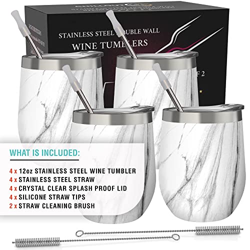 CHILLOUT LIFE Stainless Steel Wine Tumblers 4 Pack 12 oz - Double Wall Vacuum Insulated Wine Cups with Lids and Straws Set for Coffee, Wine, Cocktails - Carrara Marble