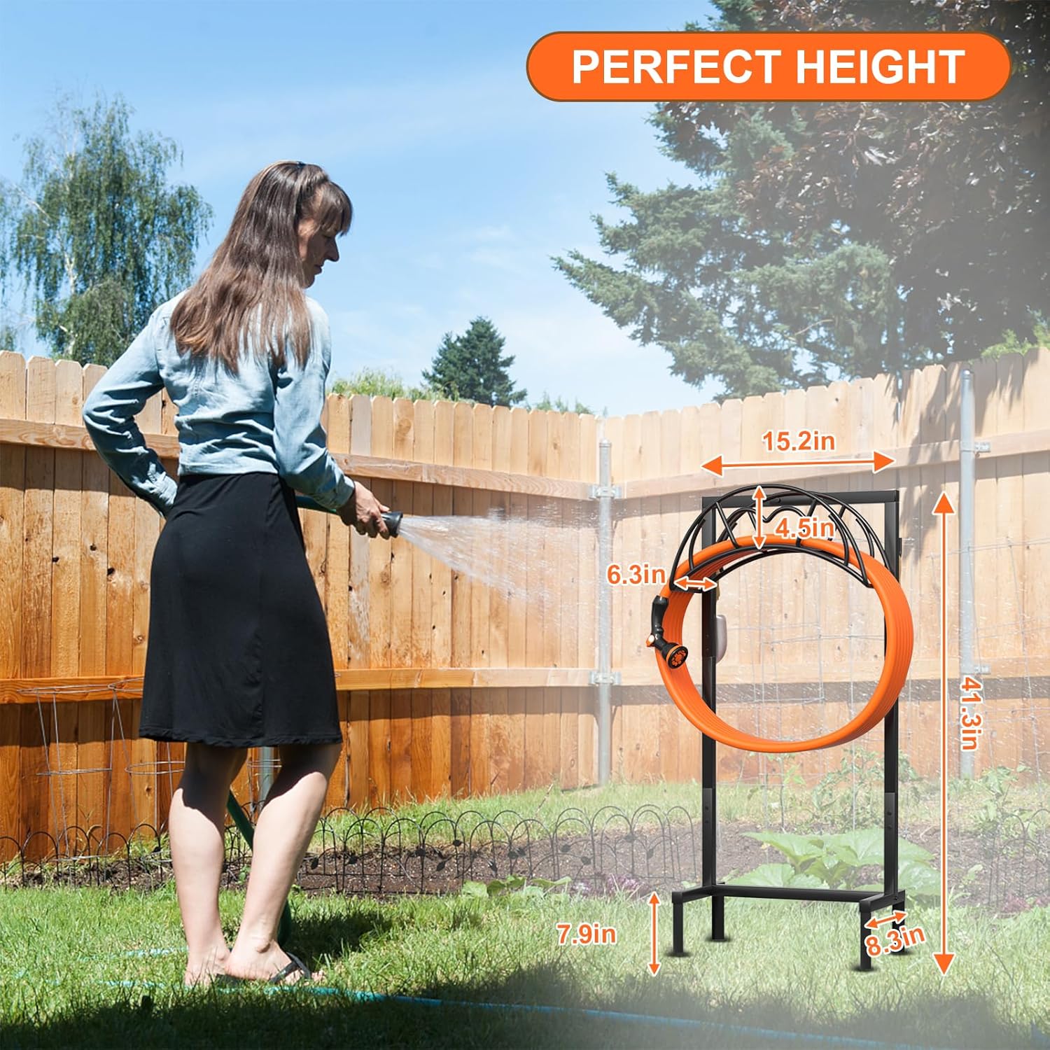 Garden Hose Holder, Freestanding Heavy Duty Water Hose Holder for Outside, Upgraded Metal Hose Stand with 4 Spikes, Detachable Garden Hose Storage Hose Reel Rack, Black