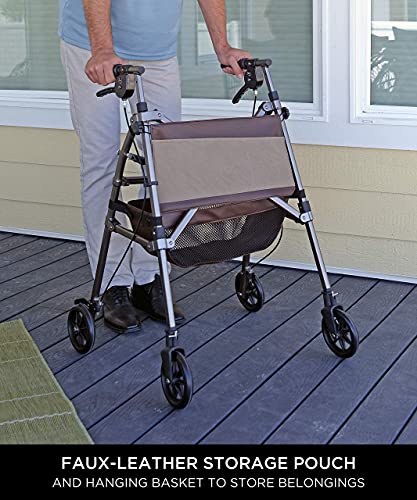 Elite Travel Rollator Short, Junior Foldable and Lightweight 4-Wheel Rolling Walker with Seat for Adults, Seniors, and Elderly, Petite Portable Rollator with Locking Brakes and Pouch